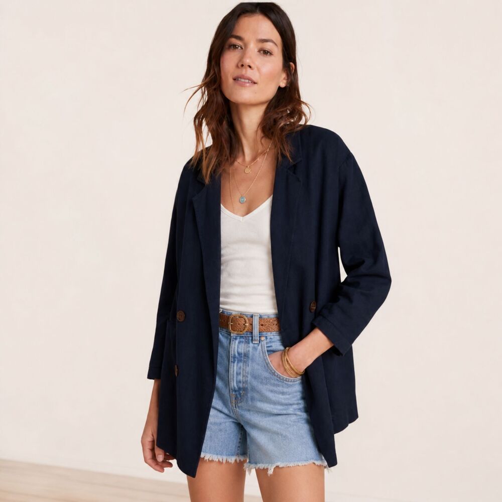 Anthropologie Amadi Kaye Oversized Linen Blend Coastal Navy Blazer S